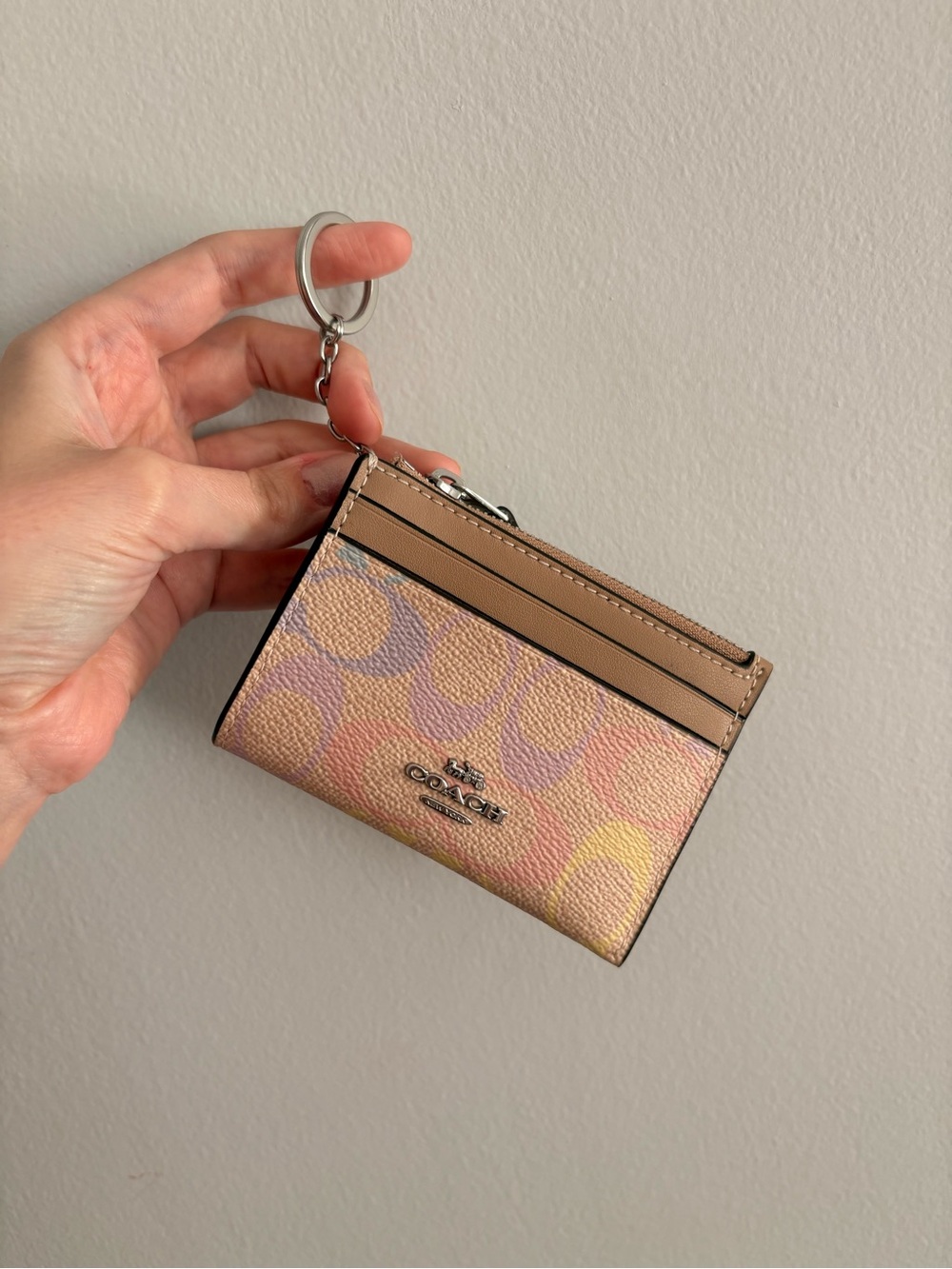 Coach Pastel Rainbow Signature Card Case Keychain - Pink/Tan
